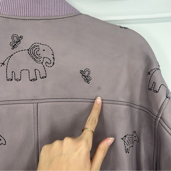 Free People Purple Oversized Leather Animal Print Embroidered Bomber Jacket S - Picture 7 of 10